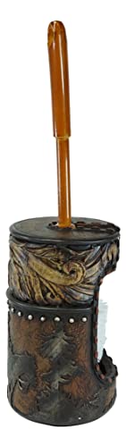 Image of Ebros Gift Rustic Western Country Cowboy Riding Horses Silhouette with Floral Gold Patterns in Faux Tooled Leather Finish Toilet Brush and Sanitary Holder Set Bathroom Accent