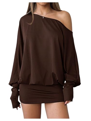 SOLY HUX Women's Long Sleeve Off The Shoulder Dress Y2k Mini Dress Streetwear Music Festival Outfits Solid Brown Large