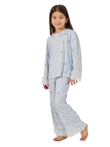 طقم بيجامة مكون من تيشرت برقبة دائرية مطبوع بالكامل للبنات من ستايلي، 6-7 سنوات، ازرق فاتح