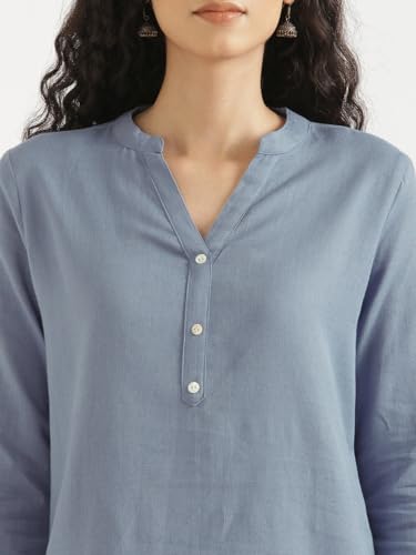 Image of SAADAA Women Short Kurti Airy Linen Regular Fit Kurta with 3 /4th Sleeves, Mandarin Collar, Side Slit Perfect for Casual, Formal, and Ethnic Wear