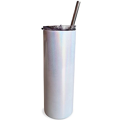 25PCS of Set 20oz Sublimation Straight White Glitter Rainbow Sparkling Stainless Steel Skinny Tumbler with Straw and Lid