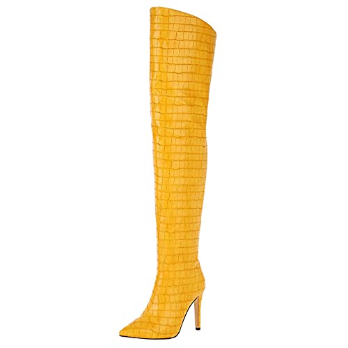 Uniquestride Womens Stiletto Over The Knee Boots Pointed Toe Back Zip Up Thigh High Boots(Yellow,Us Size 8.5) #TOP1