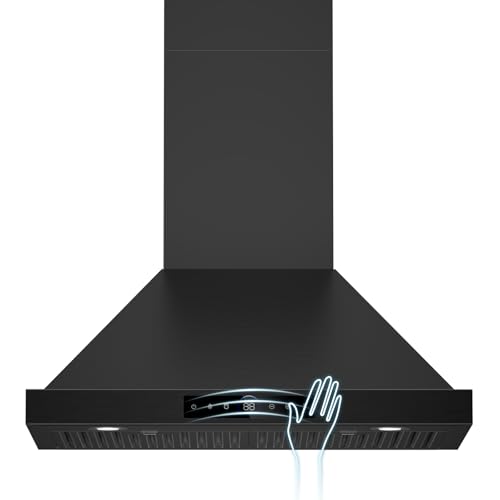 30 Inch Wall Mount Range Hood 1200CFM, 4-Speed Smart Wall Mount Range Hood with Touch Sensor & Remote, Dual LED Lights, Baffle Filters Ducted/Ductless Convertible Black Pro Series