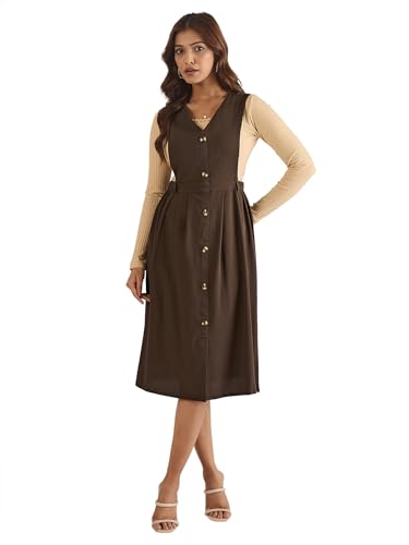 Image of WineRed Women Soild Pinafore Dress with Button