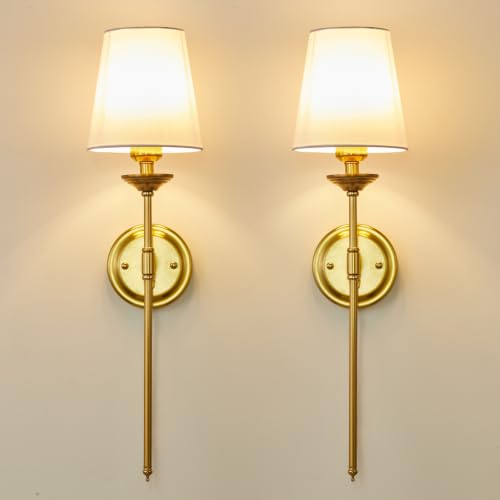 Image of Gold Wall Sconces Set of 2 Hardwired Dimmable Beside Wall Lamp with Switch Fabric Shade Bathroom Wall Light for Bedroom Living Room