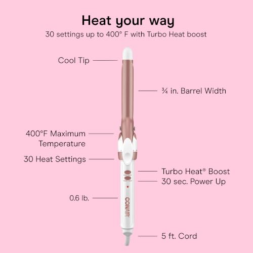 Image of Conair Double Ceramic -Inch Curling Iron | 30 Heat Settings & Turbo Boost for All Hair Types, for Tight Frizz Free Curls, Rose Gold /White, CD700L