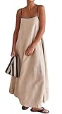Womens Summer Linen Maxi Dress Contrast Trim Spaghetti Straps Backless Sleeveless Long Flowy Dresses (Large,Beige)