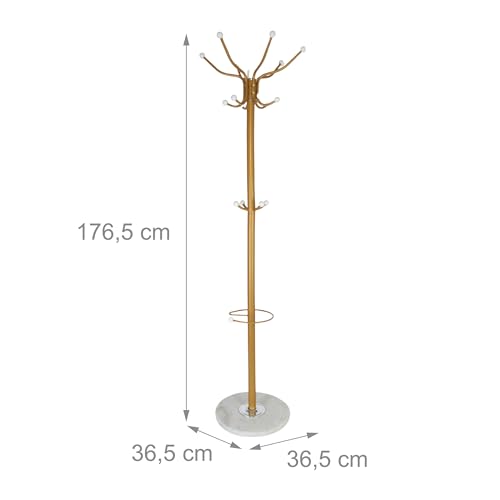 Relaxdays Garderobenständer mit Schirmständer, 16 Haken, H x D: 176,5 x 36,5 cm, Marmorfuß, Standgarderobe, Gold/weiß