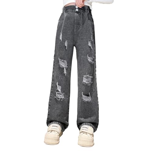 JEYPINMI Girls Fashion Jeans Bootcut Loose Fit Distressed Denim Pants High Waisted Baggy Trousers