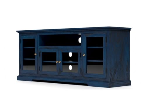 Image of Sheesham Solid Wood TV Cabinet for Living Room | Handcrafted Wooden TV Unit with Storage | Elegant Entertainment Stand for Modern Homes (Glass Tv Cabinet, Rustic Blue)