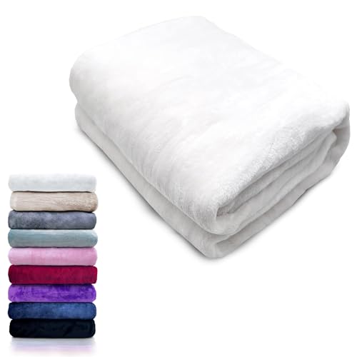 HTE Manta Microfibra para Cama Sofá y Sillón, Manta Polar Lisa de Tacto Suave Super Caliente para Adulto y Niño,Sin Arrugas (Blanco, 130 x 160 cm)