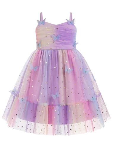 WIBMK Kids Baby Girls Sequin Stars Butterfly Rainbow Tulle Dress Spaghetti Strap Prom Birthday Wedding Party Dresses
