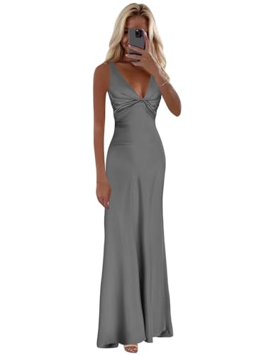 Satin Prom Dresses for Women Corset V Neck Long Silk Bridesmaid Dress