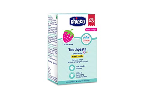 Image of Chicco Toothpaste for Kids, Best for Baby (1y-6y), Strawberry Flavour, 50g (Pack of 12) | Fluoride-Free & Low Abrasive | Removes Plaque, Helps Prevent Cavities | IDA Accepted
