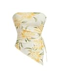 Milumia Women's Floral Print Strapless Tube Top Ruched Drawstring Asymmetrical Tank Tops, Multi Yellow, Small