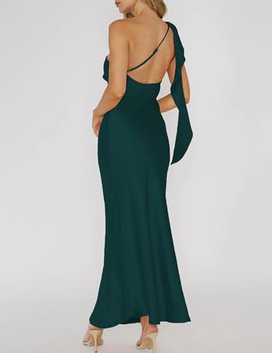 Image of 2026 Satin One Shoulder Maxi Dress for Women Summer Silk Formal Elegant Backless Ruffle Sleeveless Wedding Guest Dresses