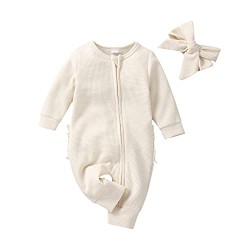 Image of MoZiKQin Newborn Baby Girl Ruffle Romper Knit Sweater Onesie Jumpsuit Long Sleeve Zipper Onesie Solid Fall Winter Outfits