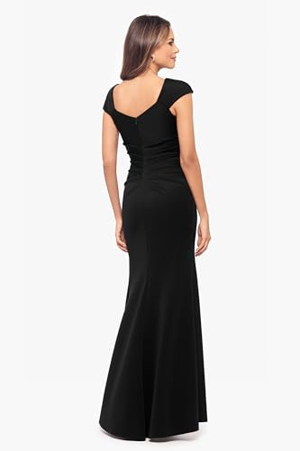 Image of Xscape Women's Long Bodycon Formal Evening Gown with Cap Sleeves, Asymmetrical Neckline, Ruched Bodice and Front Slit