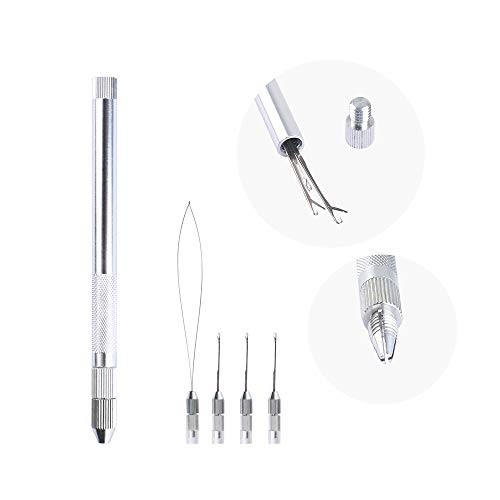 Aluminum Hair Ventilating Needles Kit Holder +Hair Extension Pulling Needle Loop Threader+3 Knitting Needles For Hair Extension(Silver)
