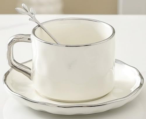 Solid Color Tea Cups and Saucers with Silver Trim Ceramics Mugs for Coffee Latte Mugs Tea Cup Gift for Mothers’ Day (White)