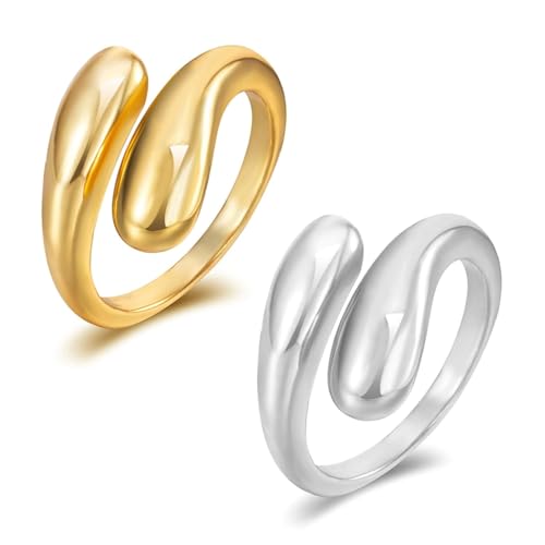 QZKJQDD 2 anillos de gota de agua gruesos chapados en oro de 14 quilates, hipoalergénicos, de plata de ley 925, anillo abierto curvado suave ajustable para mujeres y hombres (dorado/plateado)