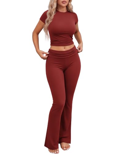 Image of Ekouaer Womens Pajama Set Short Sleeve Crop Top Foldover Flare Pants | Soft Comfy Stretchy, Summer Wear Fall Layer, High Waist Fold Waistband For Loungewear Yoga Daily Casual Wear