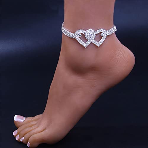 Yfstyle 1Pcs Heart Rhinestone Anklet Cubic Zirconia Tennis Anklets Heart Anklet Rhinestone Double Heart Ankle Bracelets For Women Crystal Ankle For Women Heart Anklet Beach Foot Jewelry-Silver Heart #TOP4