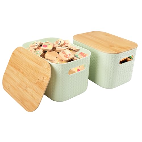 2 PCS Storage Box with Bamboo Lids,Storage Basket Stackable Storage Box,Plastic Storage Containers with Handle,Bread Holder Bin for Kitchen Countertop Organizer,Green,25.5 * 18 * 15CM
