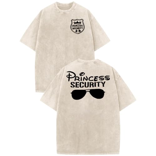 Princess Security Shirt Men Magical T-Shirt Magic Kingdom Tees Dad Family Trip Short Sleeve Tops Acid Washed Shirt Apricot