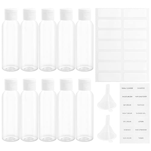 TRUEIN Bouteilles de Voyage 10 PCS, 60ml Flacons Vide Transparent, Bouteilles en Plastique Vides, Bouteille Cosmetique Plastique avec 2 Petits Entonnoirs, pour Le Vol, L'aéroport, Les Vacances