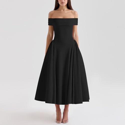 Image of Women's Summer Off Shoulder Fit and Flare Midi Dress - Sleeveless Sexy A Line Corset Club Party Going Out Dresses