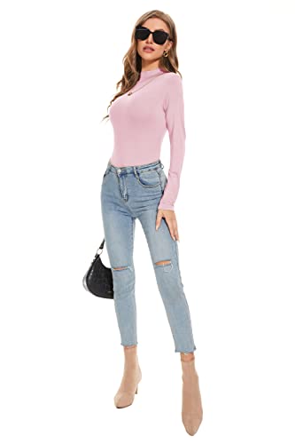 Turtle Necks For Womens Long Sleeve Casual Mock Neck Tops Solid Fitted Pullover Sweaters Pink Large #TOP3
