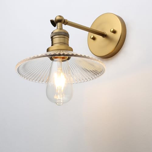 Image of Industrial Vintage Wall Sconce 1-Light with Funnel Ribbed Clear Glass Shade, Indoor Wall Mounted Lamp Fixture for Living Room Bedroom Bathroom Over Kitchen Sink