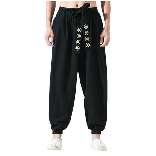 Finelylove Mens Casual Cotton Linen Pants Chinese Style Kung Fu Martial Arts Pants Tai Chi Baggy Harem Trousers