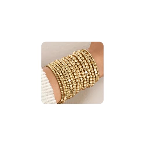 ÌF ME 16 PCS Gold Bead Bracelet for Women, Gold Beaded Stretch Plated Stackable Strand Bead Ball Bracelets stack Adjustable Jewelry Set for Gifts