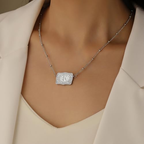 Mini Belt Buckle Initial Necklace for Women, 18K Gold/Silver Plated Initial Letter Pendant, Belt Buckle Necklace with Initial, Unique Western Jewelry Gifts for Women3