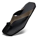 BWSEOBG Men's Genuine Leather Flip-Flops Fashion Square Toe Flat Beach Sandals Casual Comfort Thong Slides Sandals for Vacation Leisure (Brown,12.5)