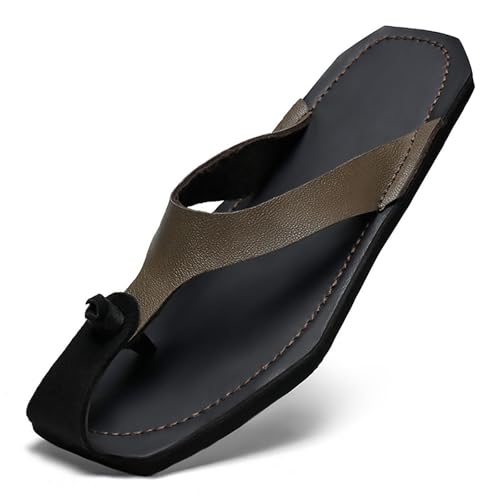 BWSEOBG Men's Genuine Leather Flip-Flops Fashion Square Toe Flat Beach Sandals Casual Comfort Thong Slides Sandals for Vacation Leisure (Brown,12.5)