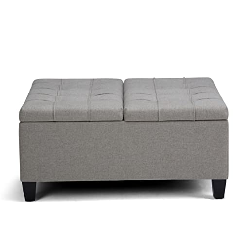 Simplihome AXCOT-265-LGL Harrison 36 Inch Wide Square Coffee Table Lift Top Storage Ottoman In Upholstered Dove Grey Tufted Linen Look Fabric thumb #4