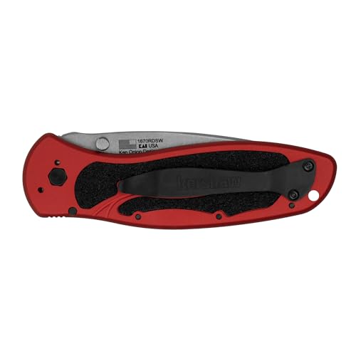 Image of Kershaw Blur Folding Pocket Knife, 3.4 inch Stonewashed 14C28N Steel Blade, Red Anodized Aluminum Handle with Black Trac-Tec Inserts, Reversible Pocketclip; 3.9 OZ