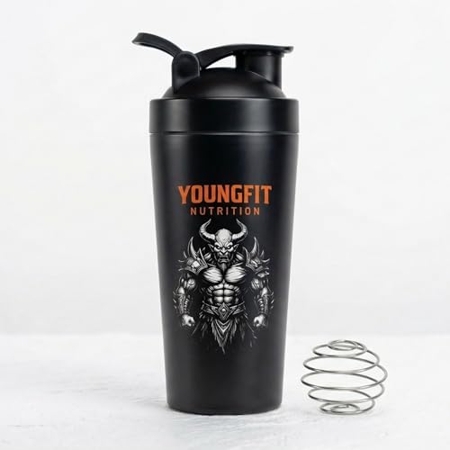 YoungFitNutrition Taza de batido de acero inoxidable de primera calidad con bola mezcladora - Acero inoxidable - 900 ml - Sin fugas y sin BPA - Negro mate