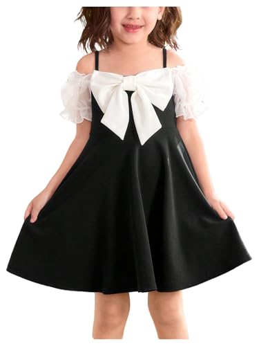 MakeMeChic Girl's Summer Dress Cute Bow Knot A Line Spaghetti Strap Puff Sleeve Mini Party Dresses