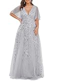 Ever-Pretty Women's Plus Size Sequin Embroidered Formal Evening Gown V-Neck Sheer Short Sleeve A-Line Mother of Biride Dress Silver US16