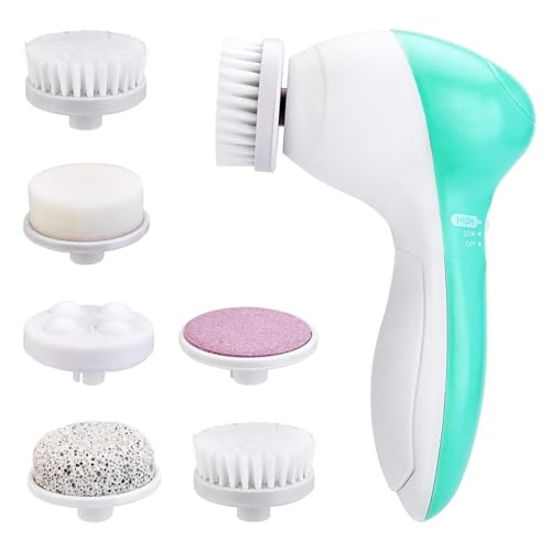 Facial Cleansing Brush Face Scrubber - 7 in 1 Electric Exfoliator Spinning Cleanser Device for Deep Cleansing, Gentle Exfoliating, Removing Blackhead, Massaging - Women Teenage Girls Gifts Set, Green
