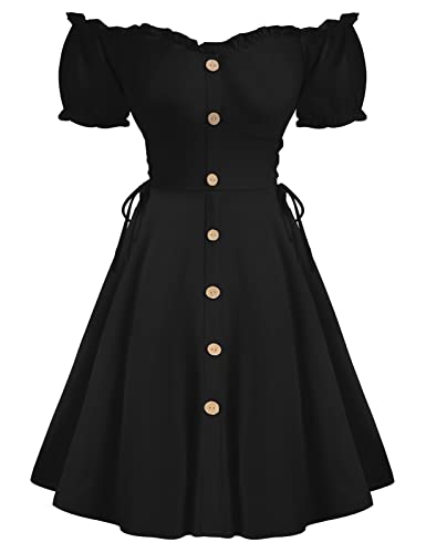 Ruffle Skater Dresses for Women Vintage Retro Lace Up Goth Vampire Dress Black L