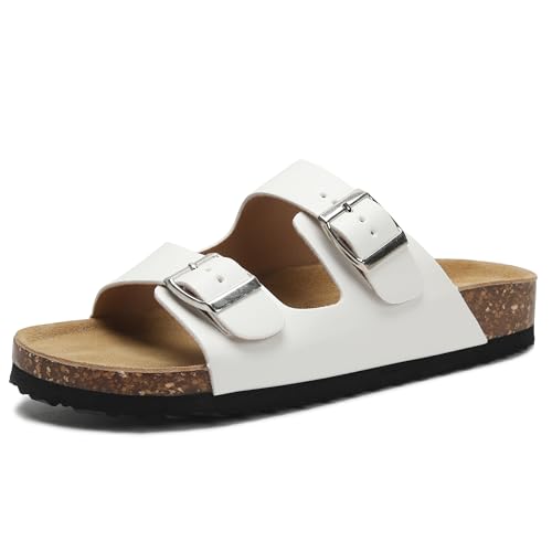 Image of Genuine Leather Cork Footbed Sandals with Arch Support Women Men's Flat Slip Slippers with Adjustable Double Buckle Beach Sandal Memory Foam Slides Open Toe Slipper for Summer Vacation