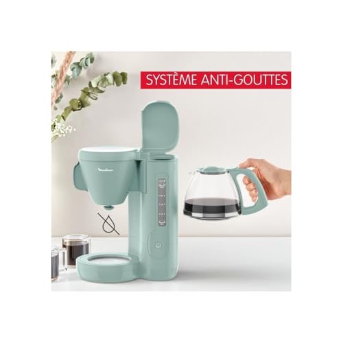 Moulinex Cafetière filtre, 10 à 15 tasses, 1.25 L, Porte-filtre pivotant, Système anti-gouttes, Maintien au chaud, Morning, Eucalyptus, FG2M1310