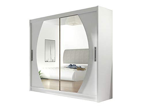 Preisvergleich Produktbild Kleiderschrank mit Spiegel London IV, Schwebetürenschrank, Schiebetürenschrank, Modernes Schlafzimmerschrank 180x215x57cm, Schlafzimmer, Garderobe (Weiß)