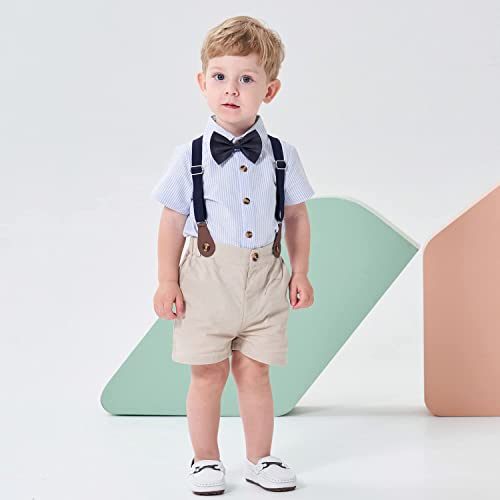 Image of Baby Boy Formal Short Set Toddler Summer Gentleman Outfit Kid Short Sleeve Bowtie Shirt Suspender Shorts Suit