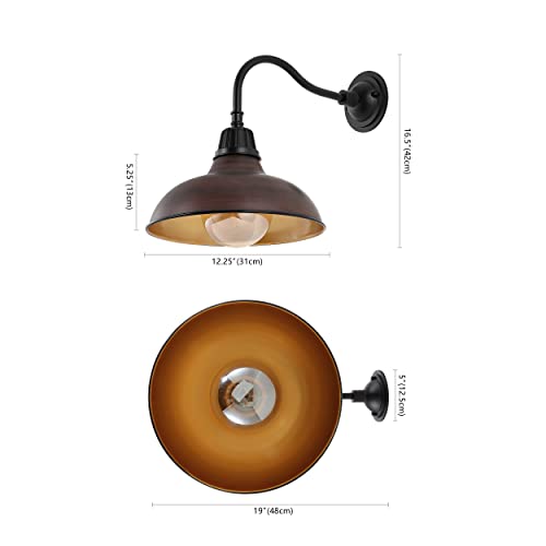 Image of JONATHAN Y 12.25 inch 1-Light Wood Finish /Copper Farmhouse Industrial Outdoor Sconce, LED Gooseneck Wall Light for Porch, Metal Bowl Shade, Dimmable Vintage Exterior Fixture, LED Bulb Included (JYL7613G)
